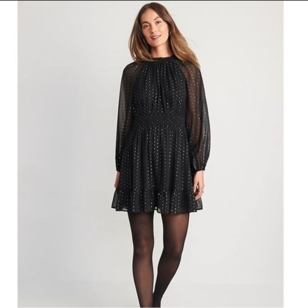 Metallic Swiss Dot Waist-Defined Smocked Mini Dress Black Silver NWT